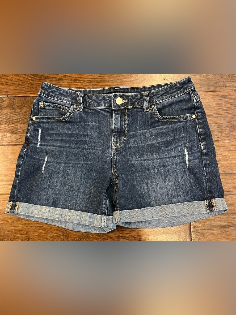 Jennifer Lopez Dark Indigo Rolled Hem Blue Jean Denim Distressed Shorts Size 6